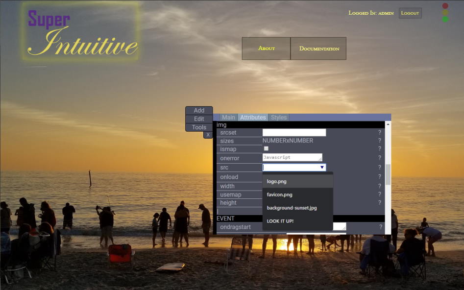 SuperIntuitive editor with an image attribute panel open
