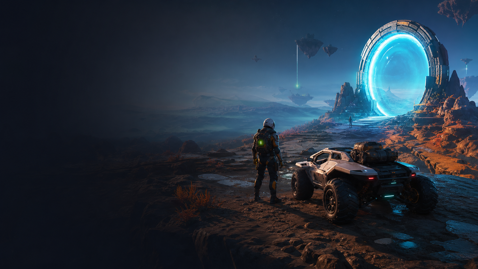 Playable science-fiction world with a vehicle and portal